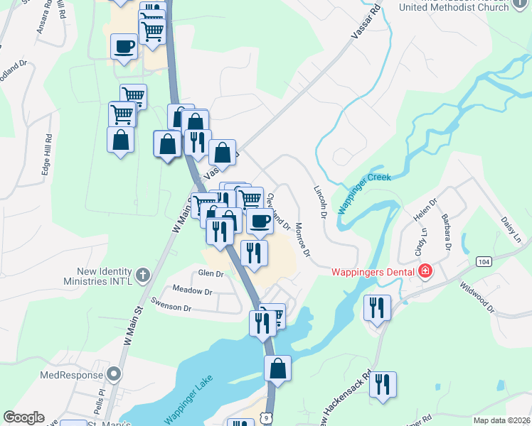 map of restaurants, bars, coffee shops, grocery stores, and more near 16 Cleveland Drive in Poughkeepsie