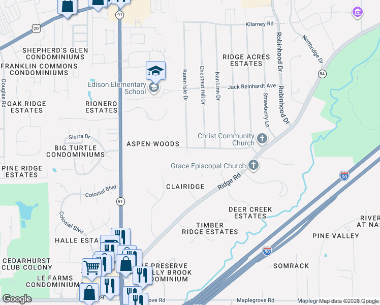 map of restaurants, bars, coffee shops, grocery stores, and more near 5558 Ericson Lane in Willoughby
