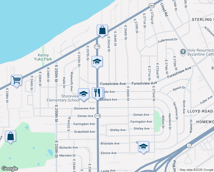 map of restaurants, bars, coffee shops, grocery stores, and more near 26300 Oriole Avenue in Euclid