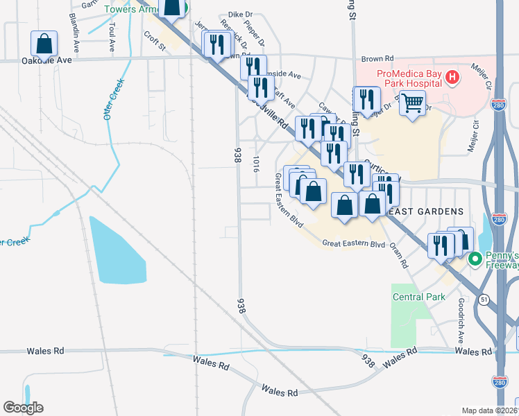 map of restaurants, bars, coffee shops, grocery stores, and more near 2440 Rochester Street in Northwood