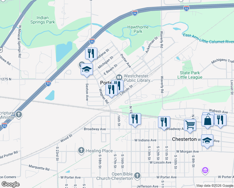 map of restaurants, bars, coffee shops, grocery stores, and more near 101 Lincoln Street in Porter