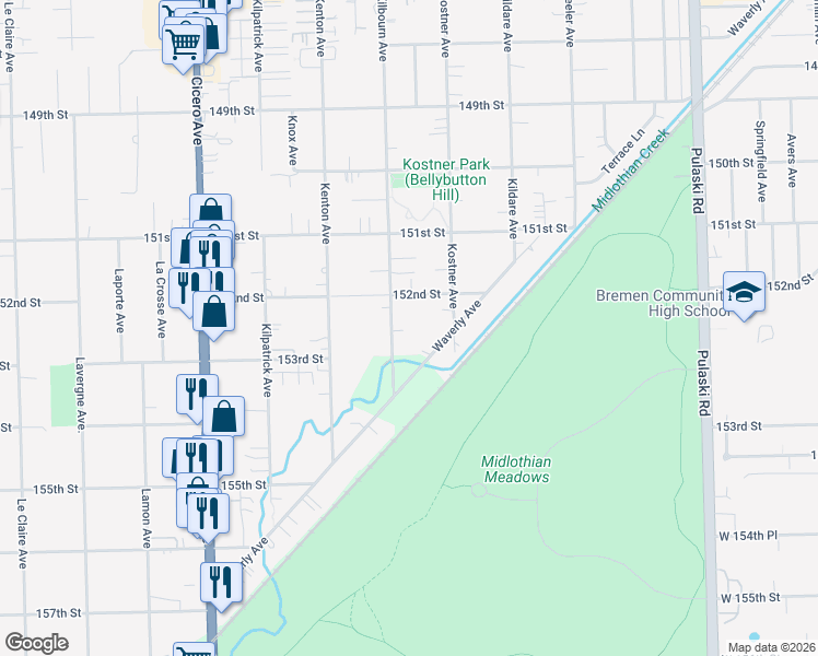 map of restaurants, bars, coffee shops, grocery stores, and more near 15251 Kilbourn Avenue in Midlothian