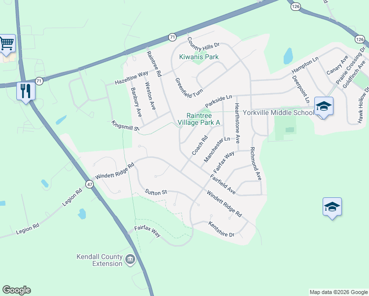 map of restaurants, bars, coffee shops, grocery stores, and more near 451 Parkside Lane in Yorkville