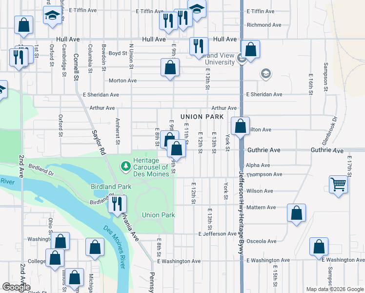 map of restaurants, bars, coffee shops, grocery stores, and more near 2209 East 9th Street in Des Moines