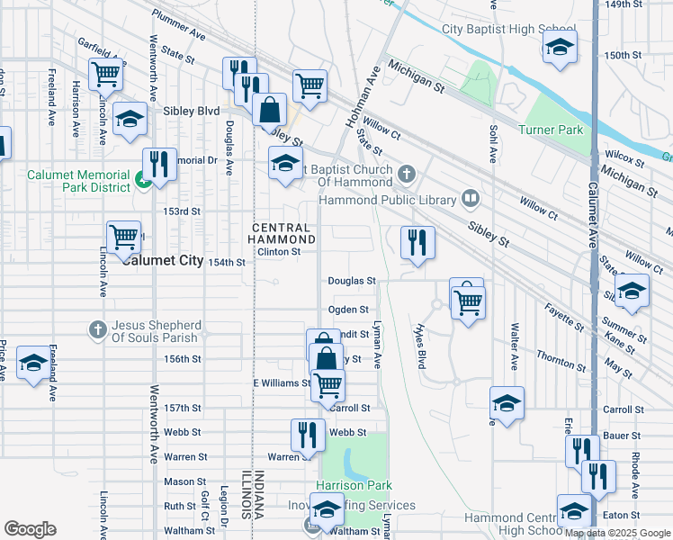 map of restaurants, bars, coffee shops, grocery stores, and more near 5400 Federal Plaza in Hammond
