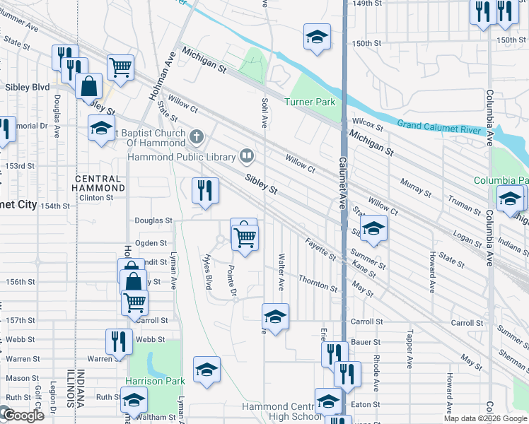 map of restaurants, bars, coffee shops, grocery stores, and more near 599 Fayette Street in Hammond
