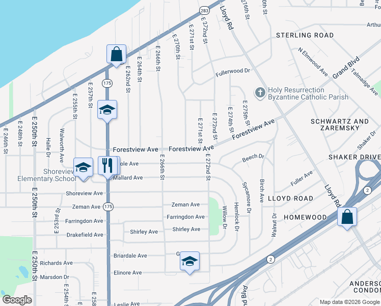 map of restaurants, bars, coffee shops, grocery stores, and more near 26986 Oriole Avenue in Euclid
