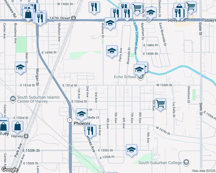 map of restaurants, bars, coffee shops, grocery stores, and more near 15339 South Wallace Avenue in Riverdale