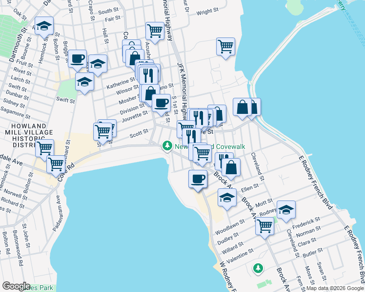 map of restaurants, bars, coffee shops, grocery stores, and more near 862 South 1st Street in New Bedford