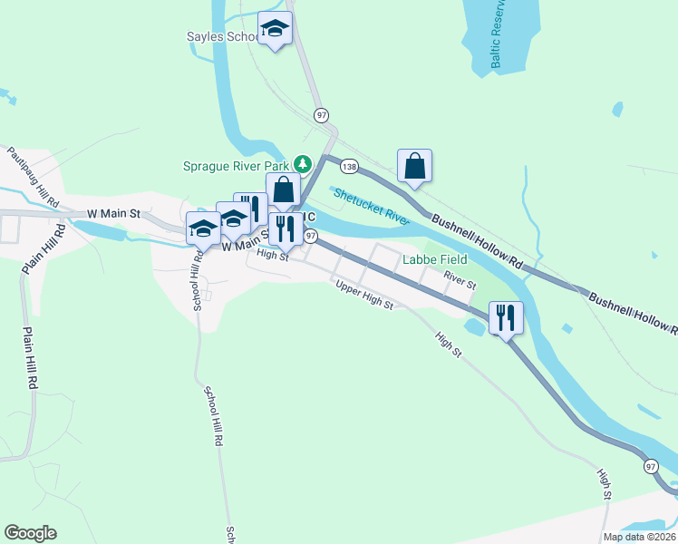 map of restaurants, bars, coffee shops, grocery stores, and more near 192 High Street in Sprague