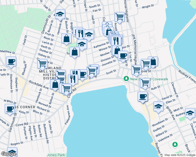 map of restaurants, bars, coffee shops, grocery stores, and more near 1253 Cove Road in New Bedford