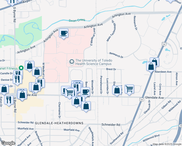 map of restaurants, bars, coffee shops, grocery stores, and more near 1318 Winnette Drive in Toledo