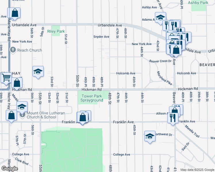 map of restaurants, bars, coffee shops, grocery stores, and more near 2405 48th Street in Des Moines