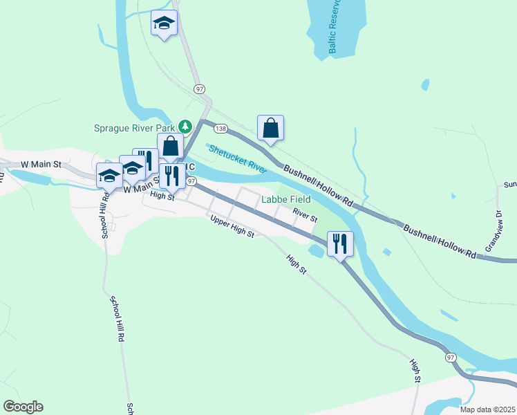 map of restaurants, bars, coffee shops, grocery stores, and more near 50 River Street in Sprague