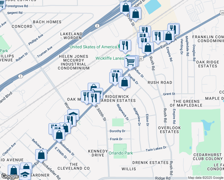 map of restaurants, bars, coffee shops, grocery stores, and more near 30125 Euclid Avenue in Wickliffe