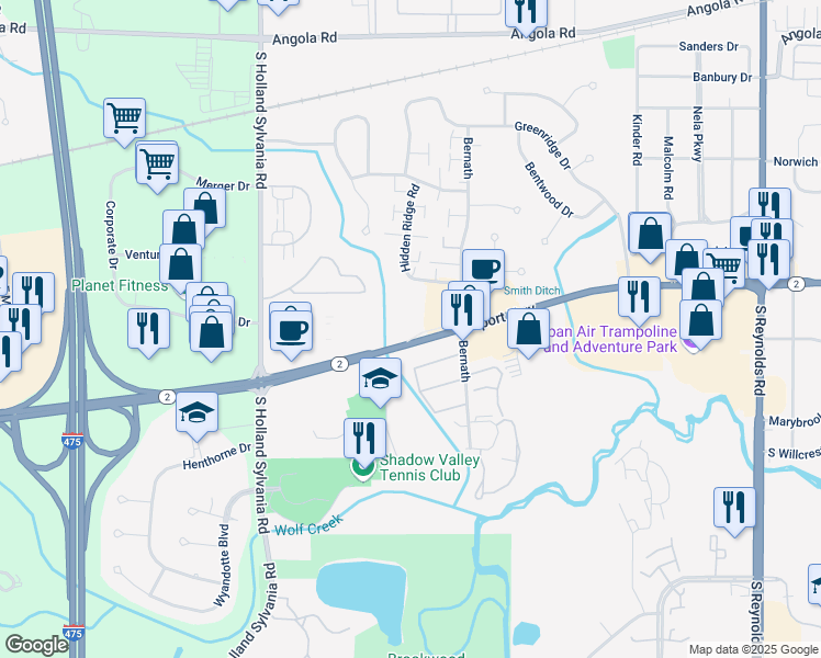map of restaurants, bars, coffee shops, grocery stores, and more near 5760 Airport Highway in Toledo