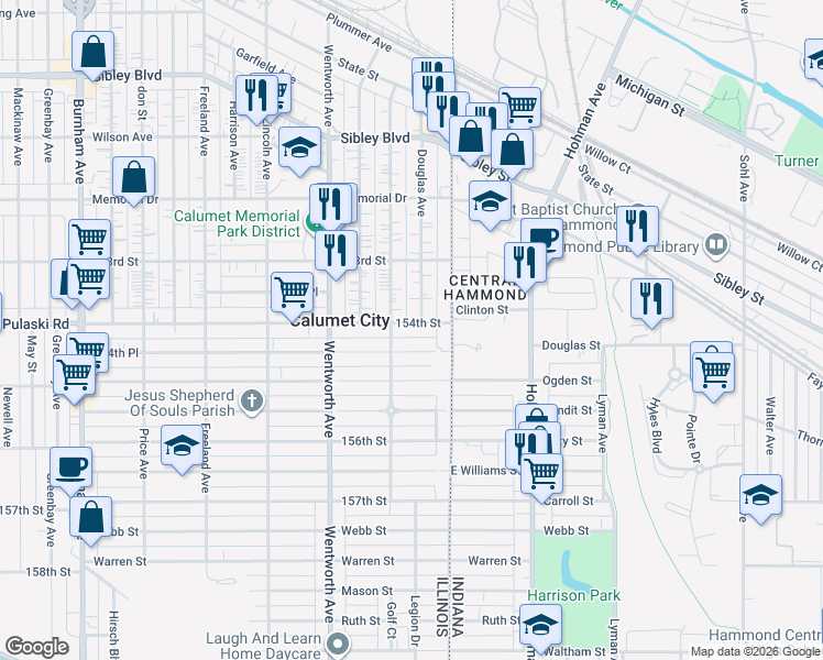 map of restaurants, bars, coffee shops, grocery stores, and more near 680 Douglas Avenue in Calumet City