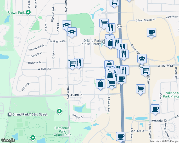 map of restaurants, bars, coffee shops, grocery stores, and more near 9845 Avenida Del Este Street in Orland Park