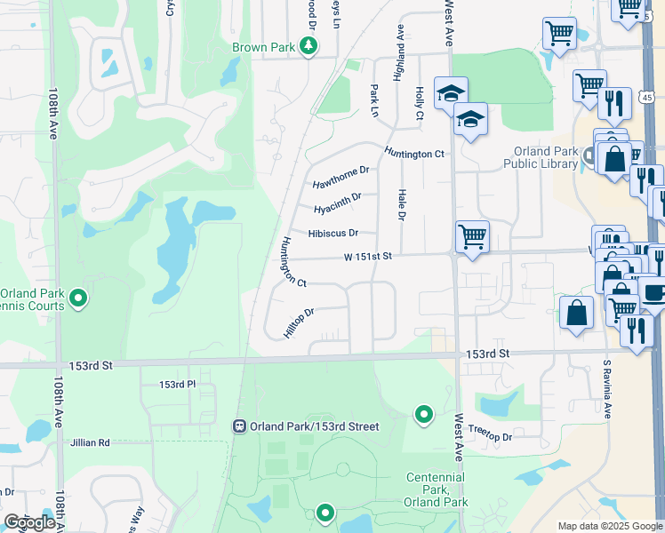 map of restaurants, bars, coffee shops, grocery stores, and more near 10216 West 151st Street in Orland Park