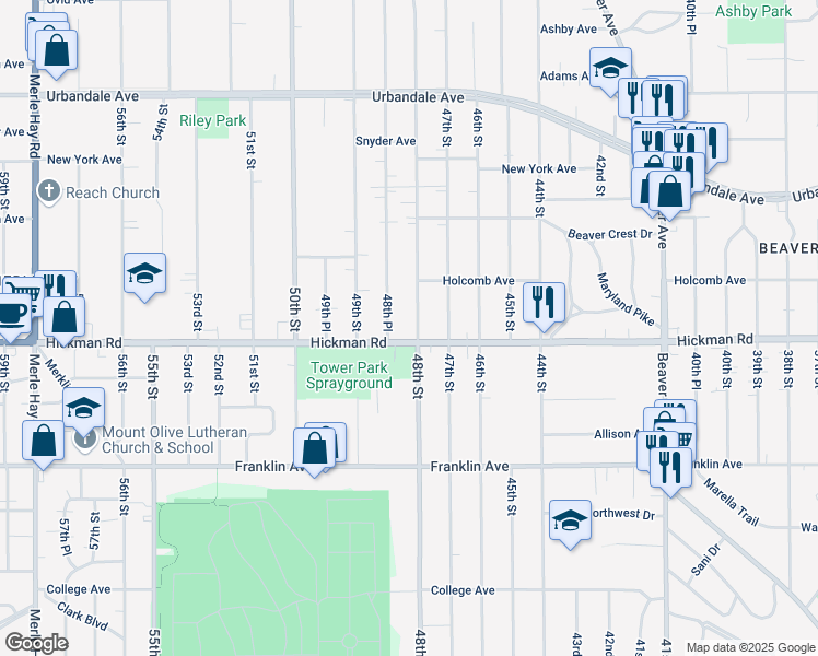 map of restaurants, bars, coffee shops, grocery stores, and more near 2405 48th Street in Des Moines