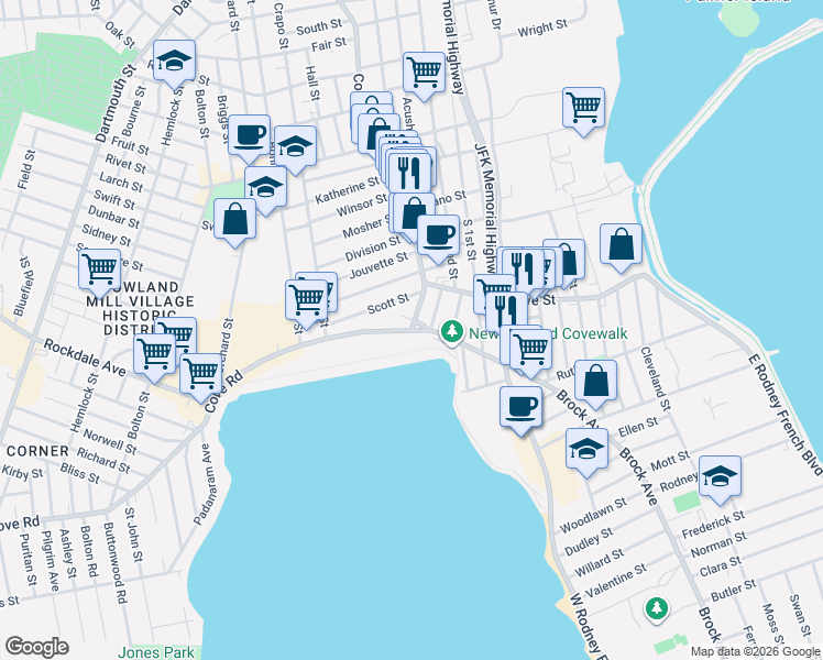 map of restaurants, bars, coffee shops, grocery stores, and more near 0 County Street in New Bedford