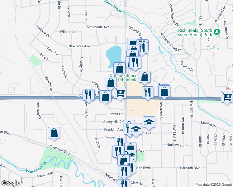 map of restaurants, bars, coffee shops, grocery stores, and more near 8605 Hickman Road in Urbandale