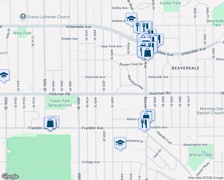 map of restaurants, bars, coffee shops, grocery stores, and more near 2402 44th Street in Des Moines
