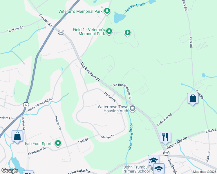map of restaurants, bars, coffee shops, grocery stores, and more near 1135 Buckingham Street in Watertown