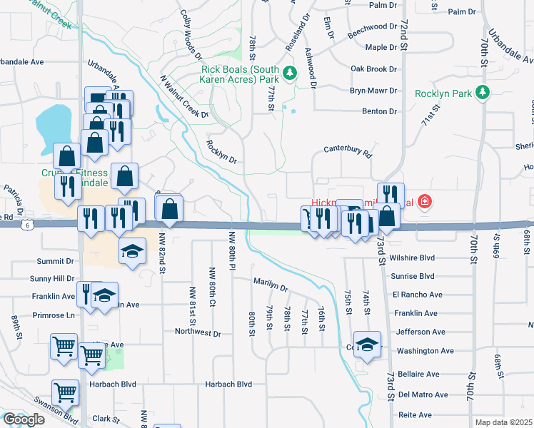 map of restaurants, bars, coffee shops, grocery stores, and more near 2600-2664 Colby Woods Drive in Urbandale