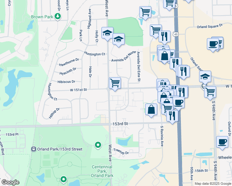 map of restaurants, bars, coffee shops, grocery stores, and more near 9980 West 151st Street in Orland Park