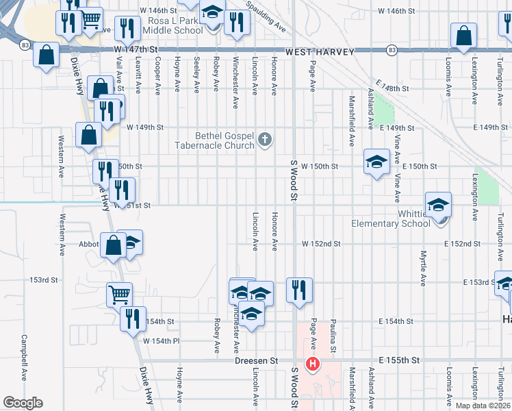 map of restaurants, bars, coffee shops, grocery stores, and more near Lincoln Avenue in Harvey