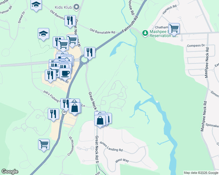 map of restaurants, bars, coffee shops, grocery stores, and more near 22 Gold Leaf Lane in Mashpee