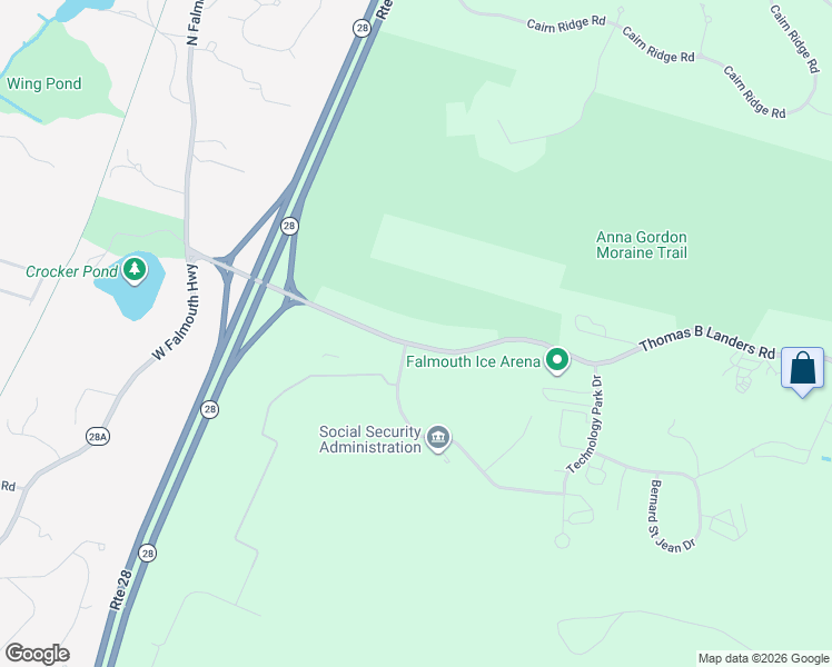 map of restaurants, bars, coffee shops, grocery stores, and more near 695 Thomas B Landers Road in Falmouth