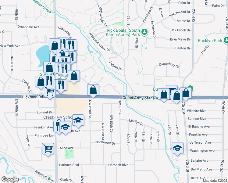map of restaurants, bars, coffee shops, grocery stores, and more near 8027 Cobblestone Court in Urbandale