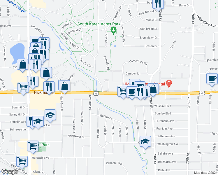 map of restaurants, bars, coffee shops, grocery stores, and more near 7703 Hickman Road in Urbandale
