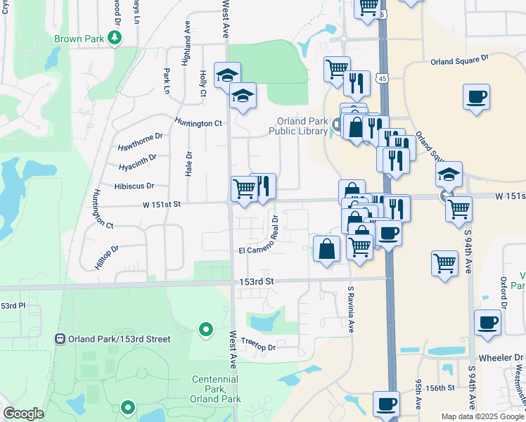 map of restaurants, bars, coffee shops, grocery stores, and more near 9960 West 151st Street in Orland Park