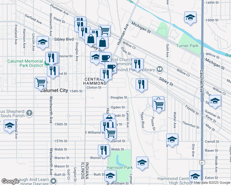 map of restaurants, bars, coffee shops, grocery stores, and more near 5400 Federal Plaza in Hammond