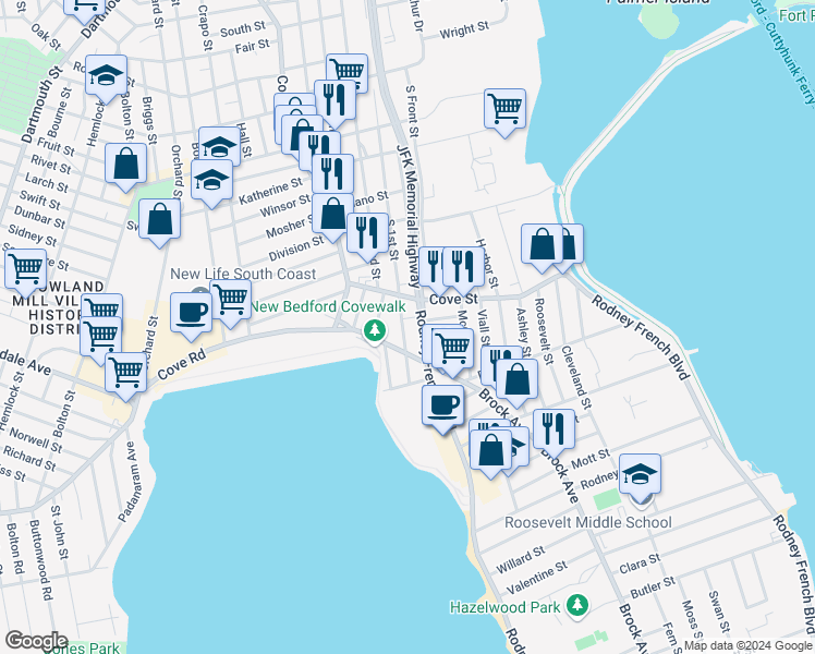 map of restaurants, bars, coffee shops, grocery stores, and more near 858 South 1st Street in New Bedford