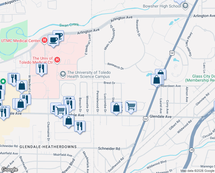 map of restaurants, bars, coffee shops, grocery stores, and more near 1302 Stanwix Drive in Toledo