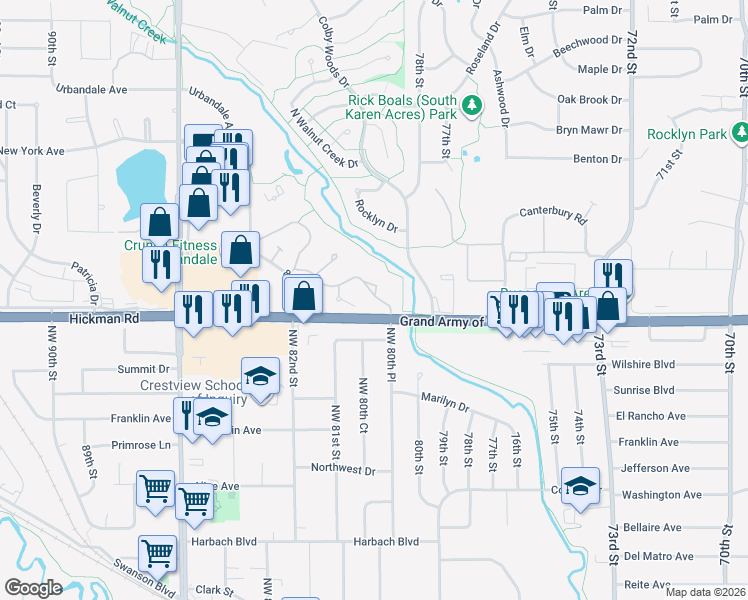 map of restaurants, bars, coffee shops, grocery stores, and more near 8027 Cobblestone Court in Urbandale