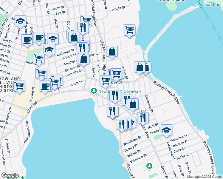 map of restaurants, bars, coffee shops, grocery stores, and more near 118 Cove Street in New Bedford