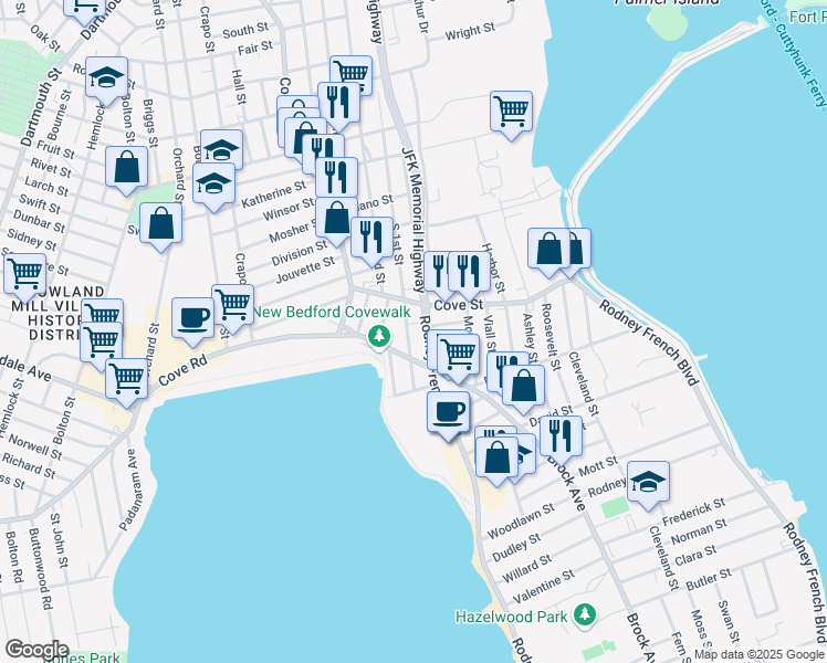 map of restaurants, bars, coffee shops, grocery stores, and more near 858 South 1st Street in New Bedford
