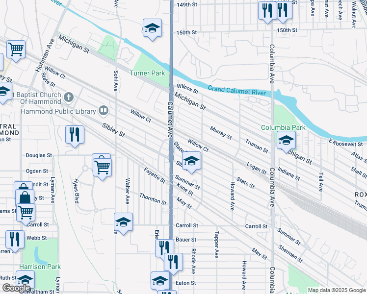 map of restaurants, bars, coffee shops, grocery stores, and more near 814 Willow Court in Hammond