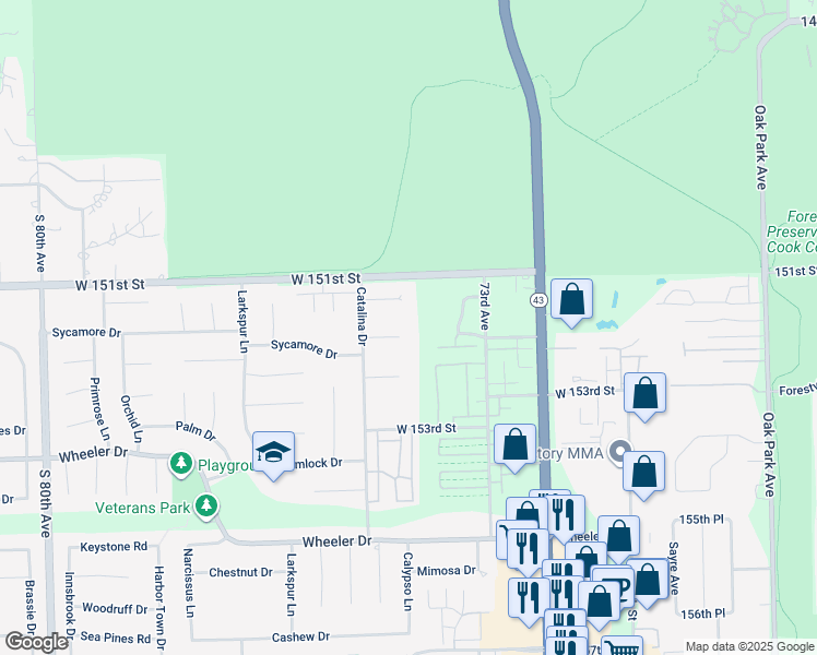 map of restaurants, bars, coffee shops, grocery stores, and more near 7439 Willowood Court in Orland Park