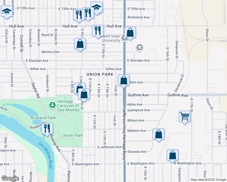 map of restaurants, bars, coffee shops, grocery stores, and more near 2327 York Street in Des Moines