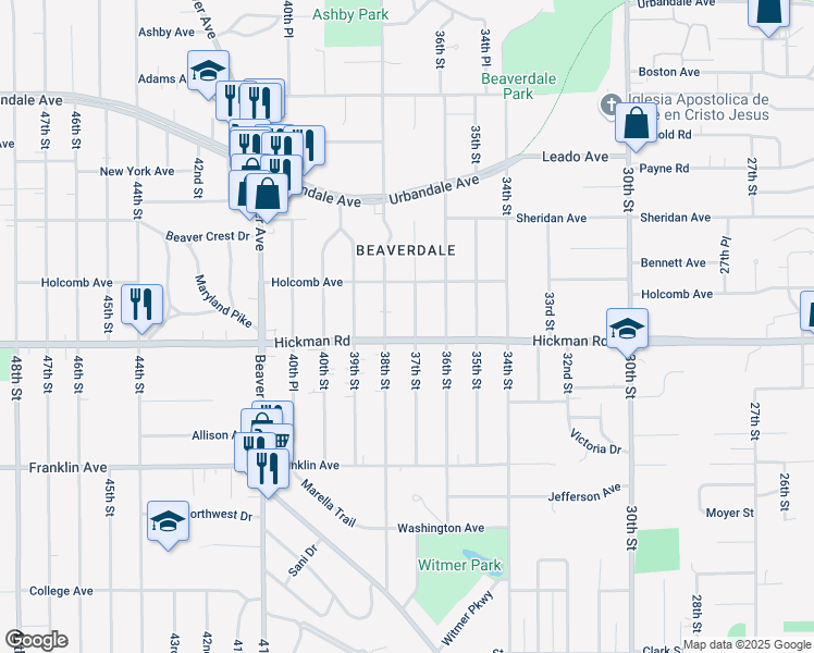 map of restaurants, bars, coffee shops, grocery stores, and more near 2400 37th Street in Des Moines