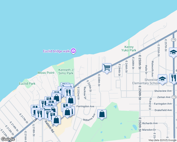 map of restaurants, bars, coffee shops, grocery stores, and more near 131 Lake Edge Drive in Euclid