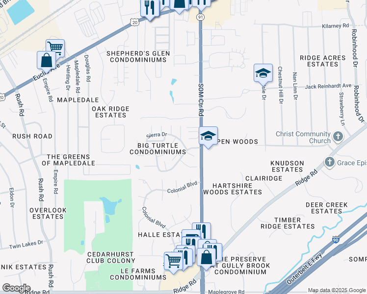 map of restaurants, bars, coffee shops, grocery stores, and more near 5452 Som Center Road in Willoughby