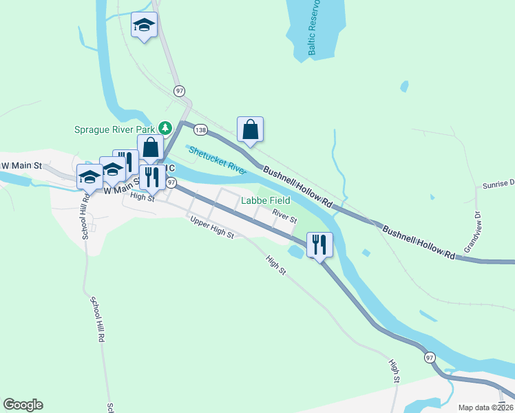 map of restaurants, bars, coffee shops, grocery stores, and more near 50 River Street in Sprague