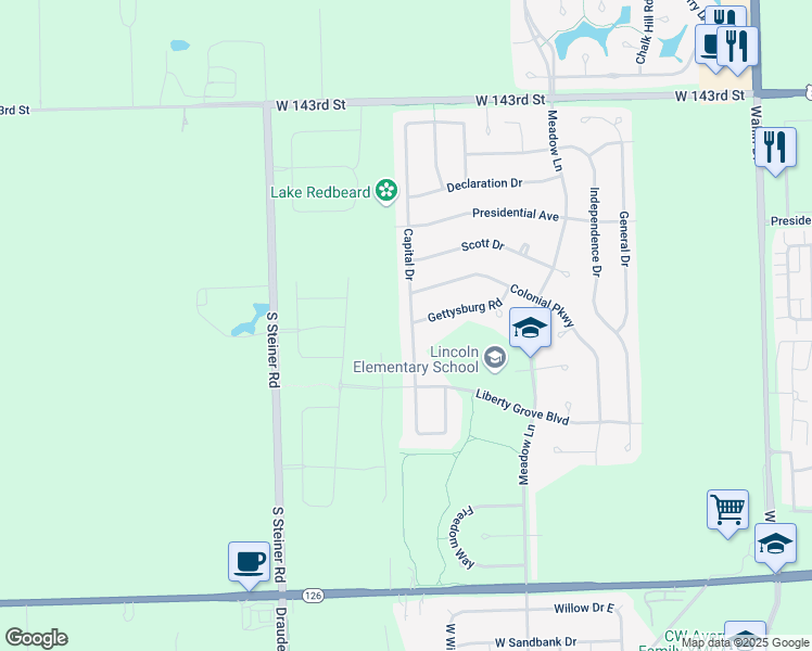 map of restaurants, bars, coffee shops, grocery stores, and more near 14610 Capital Drive in Plainfield